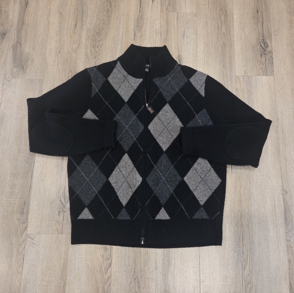 Lambswool Argyle Academia J Crew Sweater Men's Lg Navy Professor Full Zip Elbow - Picture 1 of 7